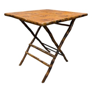 1970s Vintage Handcrafted Square Tiger Split Bamboo Bistro Folding Game Center Table Folding X-Base For Sale