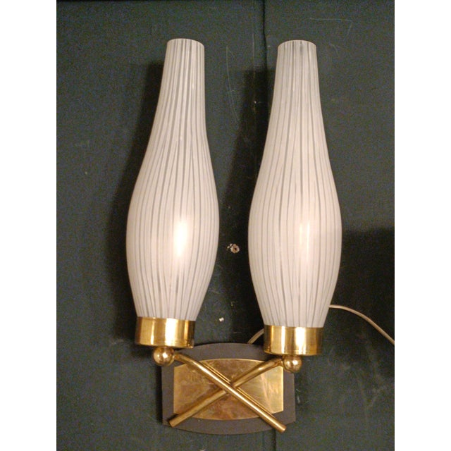 Metal Brass and Ribbed Opal Glass Wall Lamps, Italy, 1950s, Set of 2 For Sale - Image 7 of 8