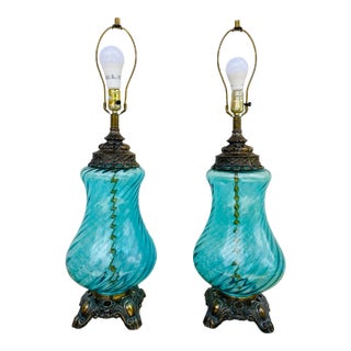 Mid 20th Century Pair of Vintage Hollywood Regency Blue Glass Table Lamps For Sale