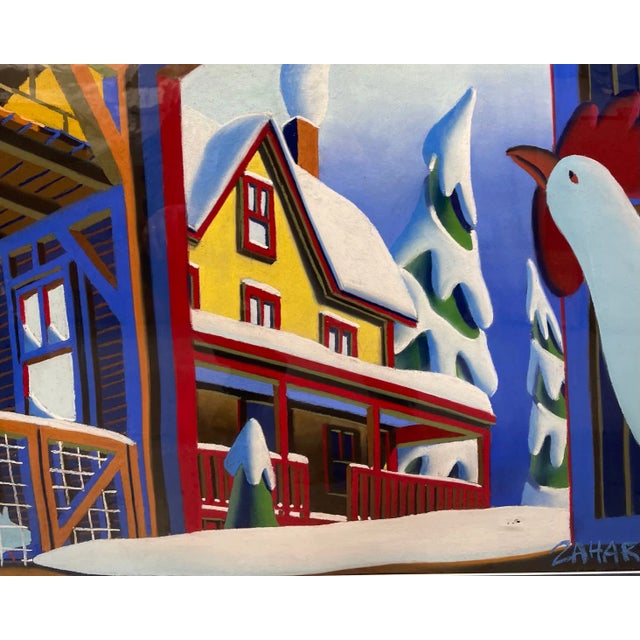 1990s Original Wade Zahares 'Barnyard Chickens in Winter' Pastel Illustration Painting For Sale - Image 5 of 13