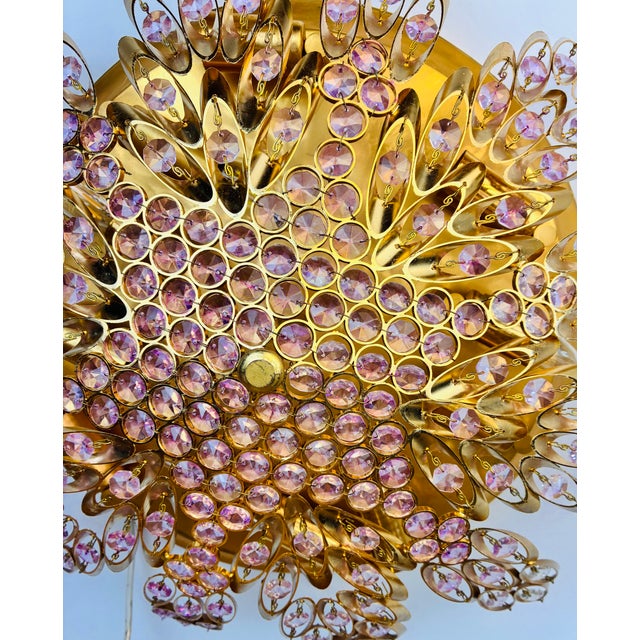 Pink Vintage Brass Sunburst Ceiling Light, Hand-Painted Pink Crystal Beaded Mandala Chandelier, 10-Light Flush Mount For Sale - Image 8 of 18