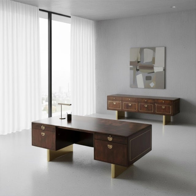 1970s Romweber Burl Elm Wood and Gold Trim Executive Desk and Credenza Set For Sale - Image 11 of 18