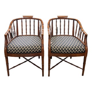 Pair of Baker Furniture Attributed Faux Bamboo Barrel Back Armchairs With Original Cane Seats & Cushions For Sale
