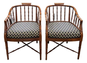Pair of Baker Furniture Attributed Faux Bamboo Barrel Back Armchairs With Original Cane Seats & Cushions