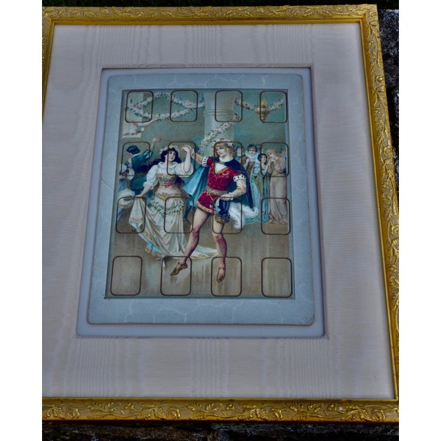 Set of six beautifully framed antique children’s lithograph puzzles depicting scenes from Little Red Riding Hood, Puss 'n...