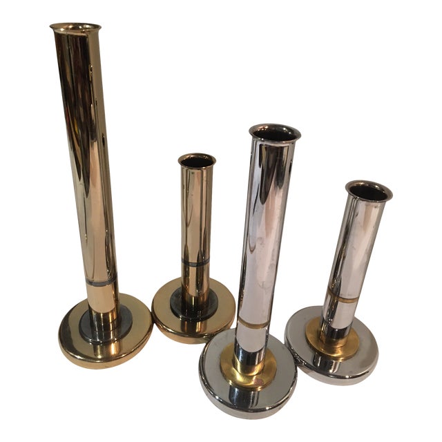 Mid-Century Modern Brass, Chrome & 24 Carat Candle Stick Holders- Set of 4 For Sale