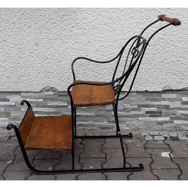 German Child's Carriage Seat with Wrought Iron Frame, Spruce Wood Handle and Spruce Wood Panels, 1900s, in Good...
