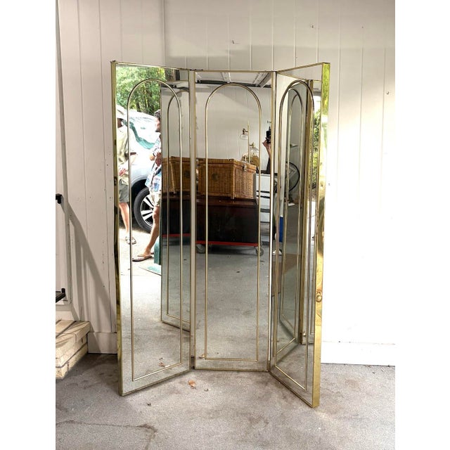 Hollywood Regency 1970s Brass Mirrored 3-Panel Screen For Sale - Image 6 of 8