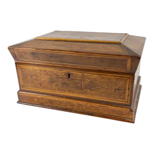 19th Century American Folk Art Walnut Burl Marquetry Sewing Box