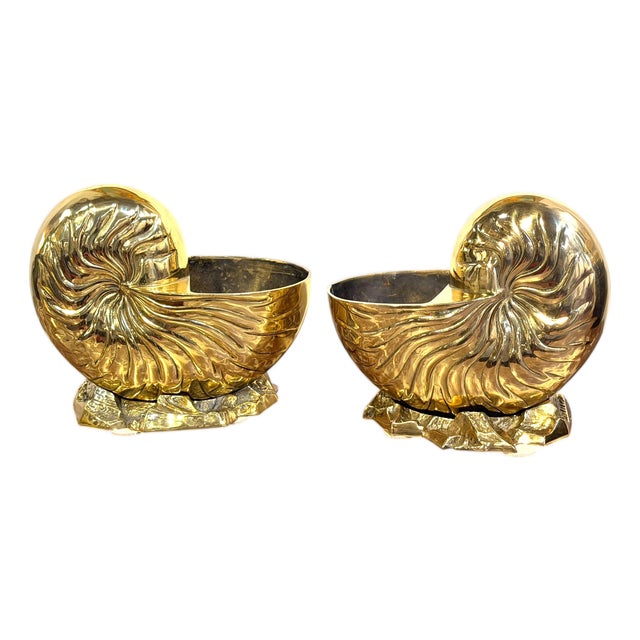 Large Pair Polished Brass Nautilus Shell Vase by Sarreid, Spain, Circa 1970s For Sale