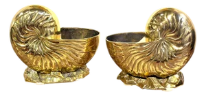 Large Pair Polished Brass Nautilus Shell Vase by Sarreid, Spain, Circa 1970s