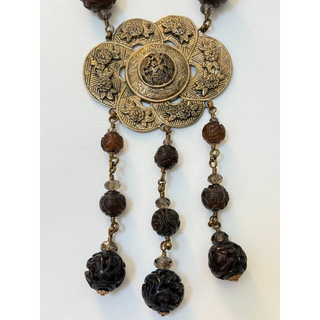 Contemporary Vintage Stephen Dweck Bronze Floral Medallion Tassel Necklace For Sale - Image 3 of 8
