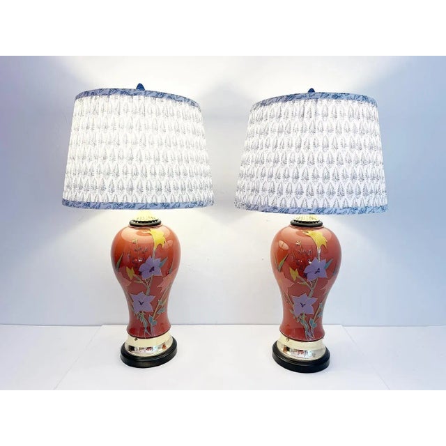 1970s Floral Vase Lamps & Shades - a Pair For Sale - Image 4 of 11