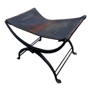 Circa 1930s French Renaissance Curule Bench with Hand Forged Iron Saddle Leather For Sale