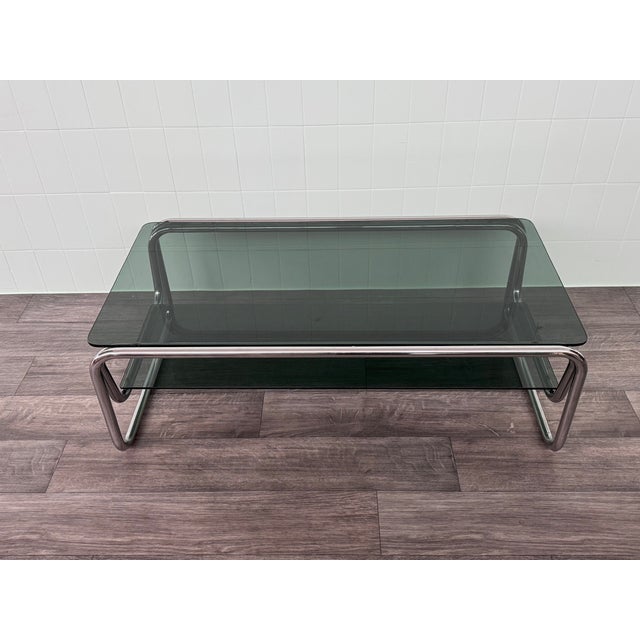 Glass Italian Coffee Table in Chromed Steel and Smoked Glass, 1970s For Sale - Image 7 of 11