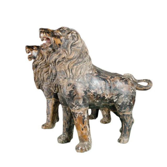 19th Century Asian Life Sized Polychromed Lion Head Wooden Statues - Set of 2 For Sale - Image 13 of 13