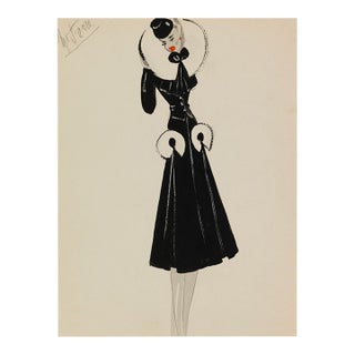 Vintage French Fashion Art Print – Black Coat With White Fur Collar, 36" X 48" For Sale