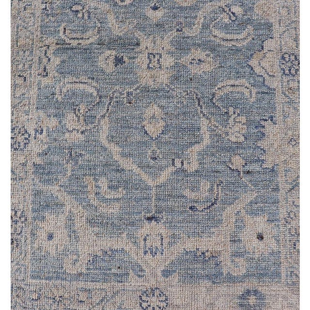 Angora Turkish Oushak Runner With Floral Design and Medium Blue and Grey Border 2'7 X 11'8 For Sale In Atlanta - Image 6 of 11