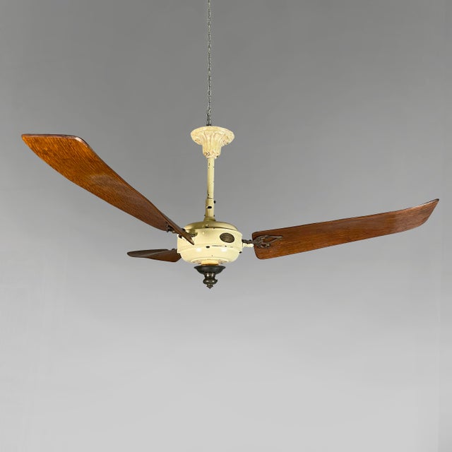 Italian mid-century modern beige metal and wood ceiling fan Marelli by Casablanca, 1999 Ceiling fan model Marelli with...