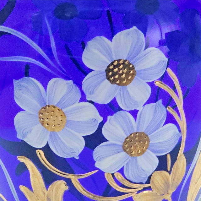 Bohemian Czech Hand-Blown Cobalt Blue Enamel & Fire-Gilt Cabinet Vase 8" For Sale - Image 13 of 17