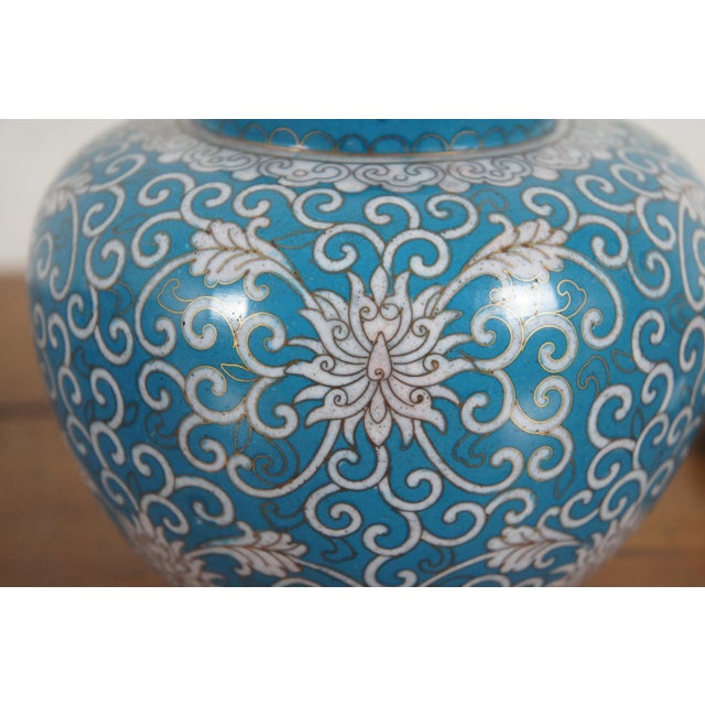 Antique Turquoise Cloisonné Chrysanthemums Lidded Ginger Jar Vase Urn - a Pair For Sale - Image 12 of 12