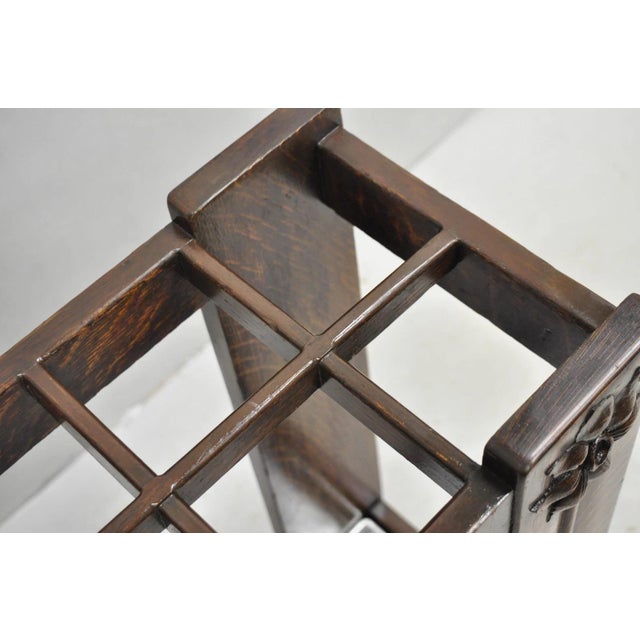 Brown Antique Arts & Crafts Oak Wood Relief Carved Flower Umbrella Stand by MI Chair For Sale - Image 8 of 18