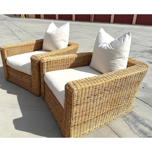 Contemporary Pair of Michael Taylor Style Oversized Woven Rattan Lounge Chairs For Sale - Image 3 of 12