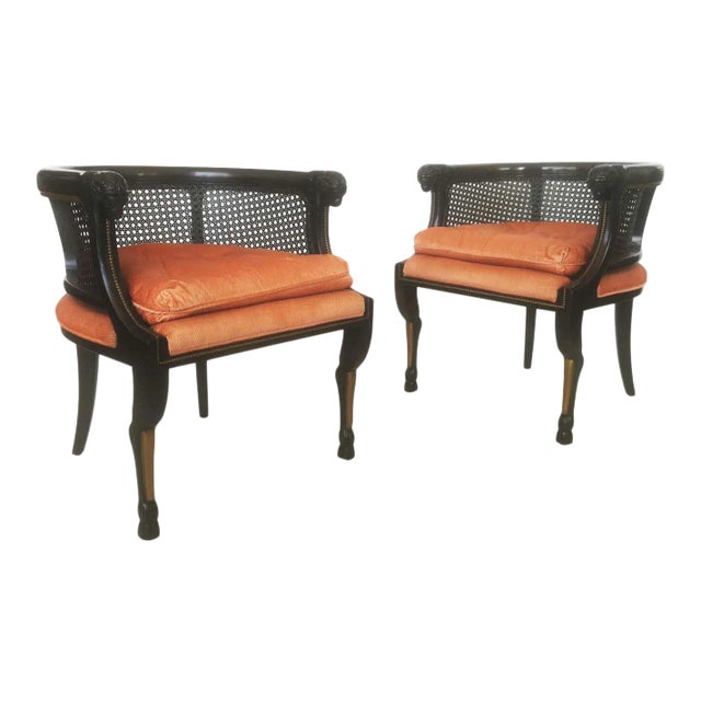Neoclassical Style Caned Back Ram's Head Armchairs - A Pair For Sale