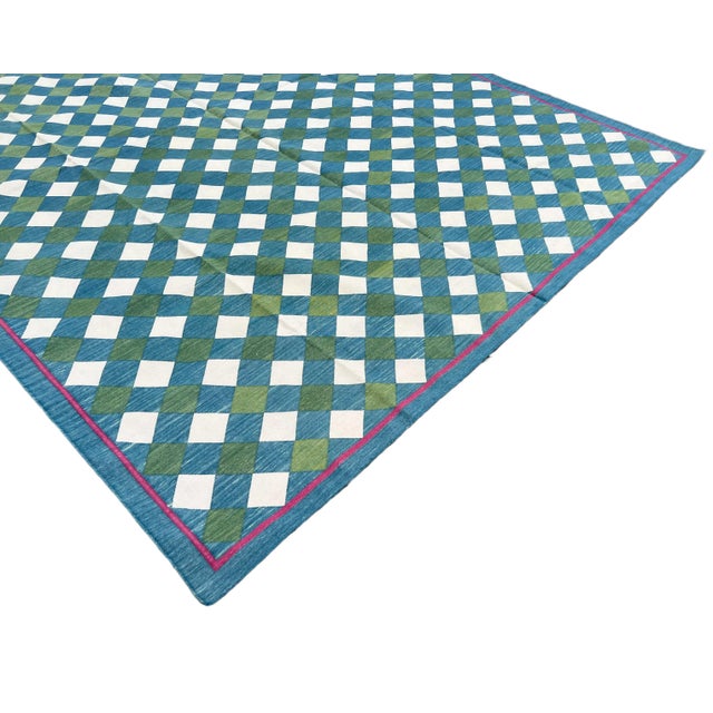 Handmade Cotton Vegetable Dyed Checked Gingham Area Rug Teal Blue With Cream and Forest Green - 8'x10' For Sale - Image 6 of 10