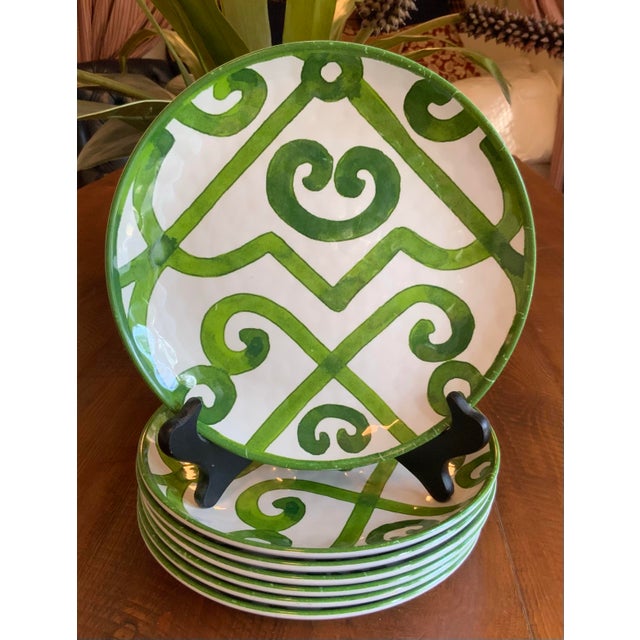 Chinoiserie Scroll Melamine Luncheon Plates W/ Green Lattice Pattern – Set of 7 for Palm Beach Regency, British Colonial & Outdoor Entertaining. For Sale - Image 4 of 8