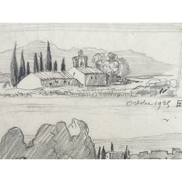 Vintage Post Impressionist South of France Graphite Landscape Drawing on Paper, Signed by Artist With Mat For Sale - Image 4 of 6