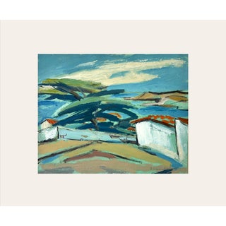 1940s Mid-Century Vintage European Abstract Expressionism Coastal Landscape Painting, Signed by French Polish Artist Bernard Lewandowski, With Mat For Sale