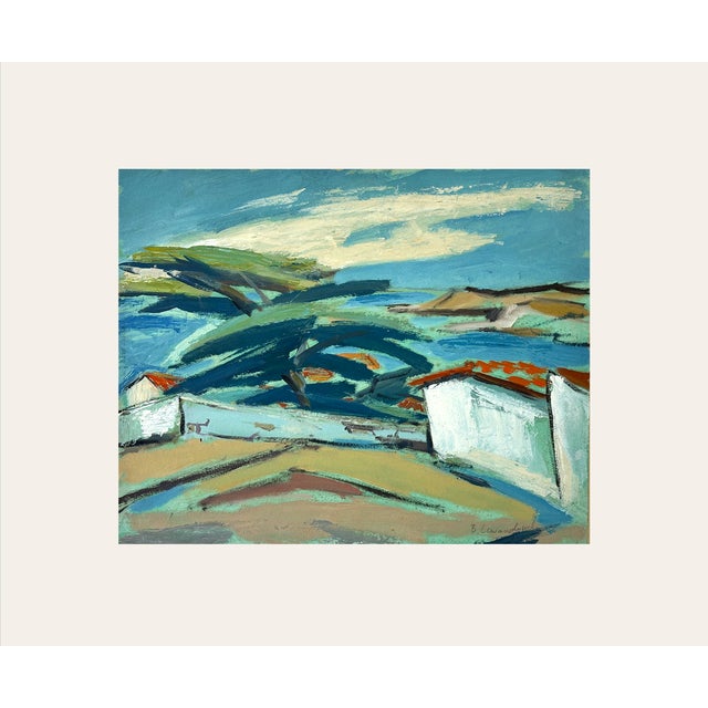 1940s Mid-Century Vintage European Abstract Expressionism Coastal Landscape Painting, Signed by French Polish Artist Bernard Lewandowski, With Mat For Sale