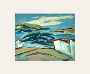 1940s Mid-Century Vintage European Abstract Expressionism Coastal Landscape Painting, Signed by French Polish Artist Bernard Lewandowski, With Mat
