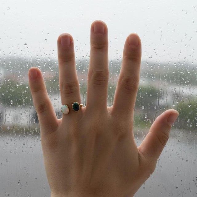 Toi Et Moi Gemstone Ring: White Opal and Black Opal, Size 7.5 For Sale - Image 4 of 9