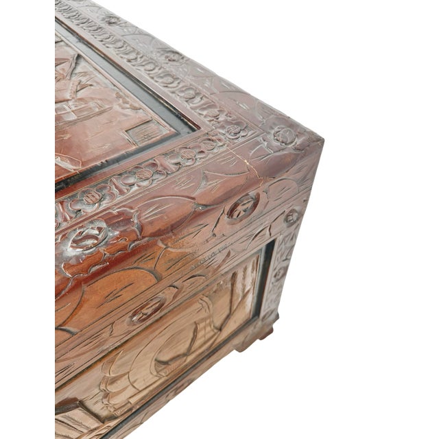 Vintage Asian Carved Wood Storage Chest With Figural Relief Panels For Sale - Image 11 of 18