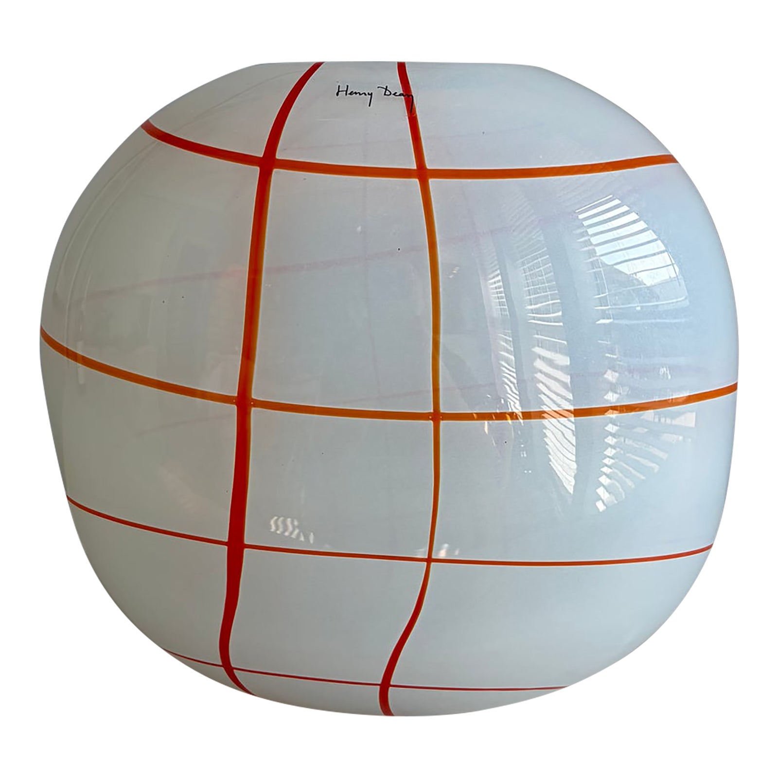 Henry Dean White Art Glass Vase With Orange-Red Grid | Chairish