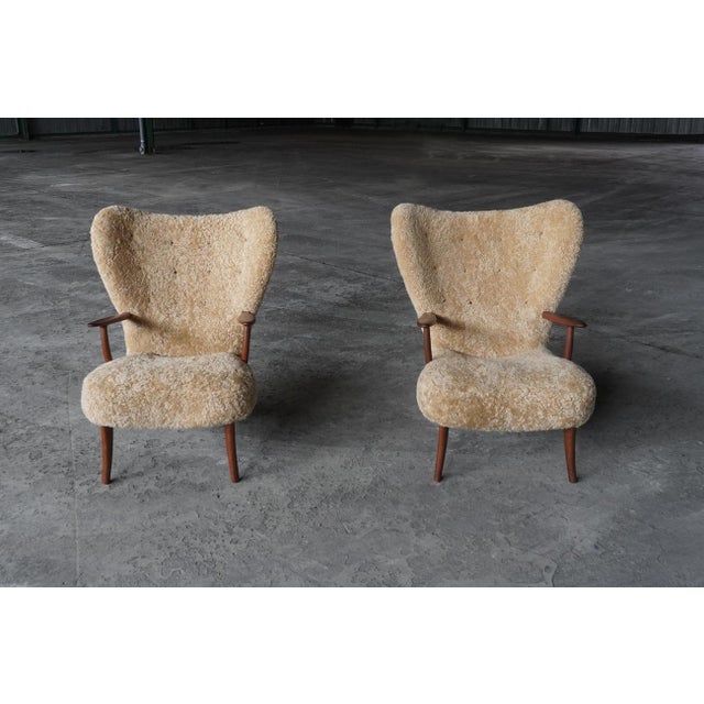 Wood Prague Chairs in Real Sheepskin from Madsen & Schübel, Denmark, 1960s, Set of 2 For Sale - Image 7 of 12