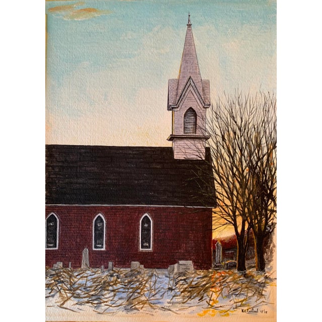 A vintage painting by American artist Karl E. Leitzel of a church in Schuykill County Pennsylvania 1978. A stone building...
