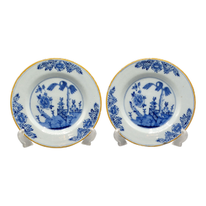 18th-Century Dutch Delft Chinoiserie Plates Hatchet Marks, a Pair