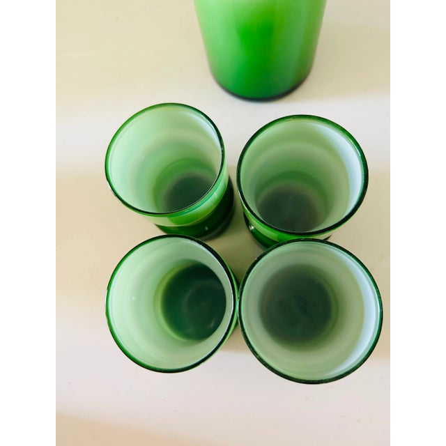Mid-Century Modern 1960s Vintage Holmegaard Sweden Green Cased Glass Cocktail Pitcher with 4 Glasses- 5 Pieces For Sale - Image 3 of 5