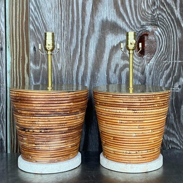 Vintage Coastal Pencil Reed Lamps With Brass Hardware - a Pair For Sale In West Palm - Image 6 of 8