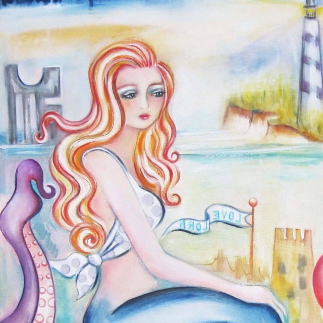 Love Lorn by Zoa Ace | Oil on canvas Mermaid with a flamingo and various coastal elements. For Sale - Image 4 of 5