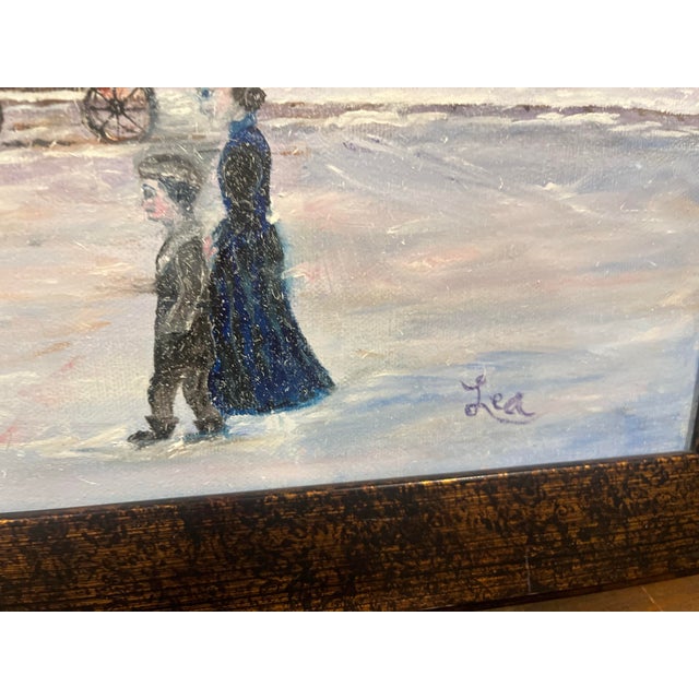 Charming original winter landscape painting, signed "Lea" in the lower right corner. A snowy 19th-century village scene...