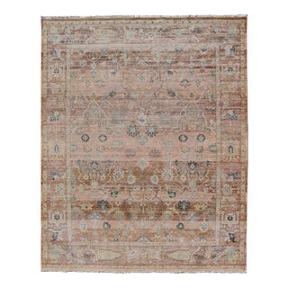 Modern Hand Knotted Oushak Muted Rug in Peach and Coral With All-Over Design For Sale