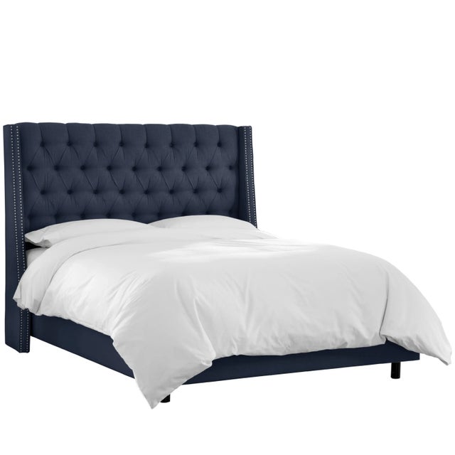 Ivy Tufted Wingback Bed in Navy Classic Linen, Full For Sale In Chicago - Image 6 of 8
