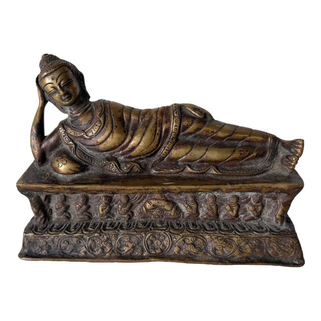Vintage Asian Reclining Buddha Bronze Sculpture With Ornate Relief Base For Sale