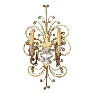 Two-Armed Wall Lamp in Iron and Crystal Glass in the style of Maison Baguès, France, 1950s For Sale