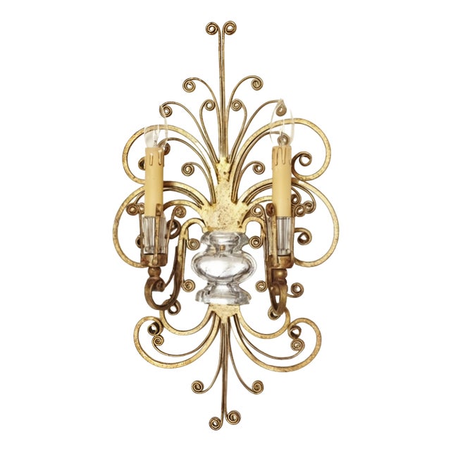 Two-Armed Wall Lamp in Iron and Crystal Glass in the style of Maison Baguès, France, 1950s For Sale