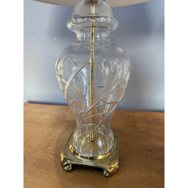 Vintage Pair Cut Crystal and Brass Table Lamps With Pleated Silk Shades For Sale - Image 9 of 18